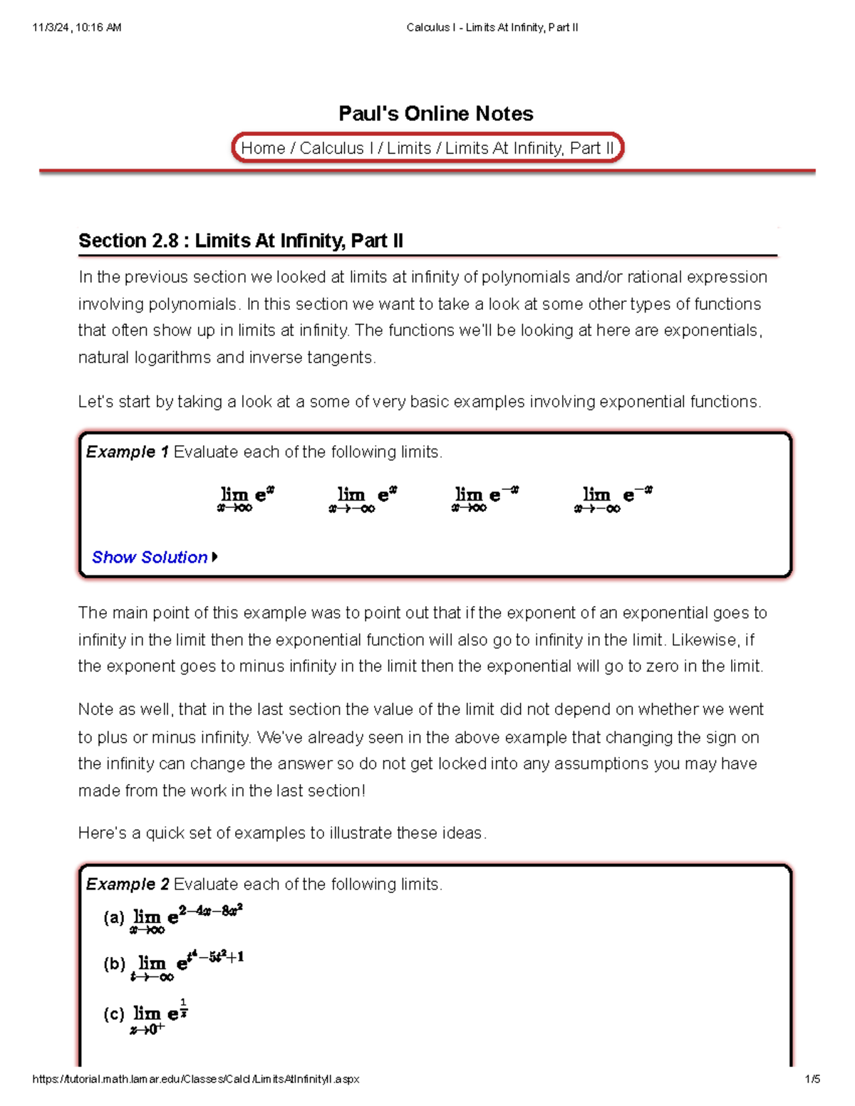 Calculus I - Limits At Infinity: Exponential, Logarithmic, & Inverse ...