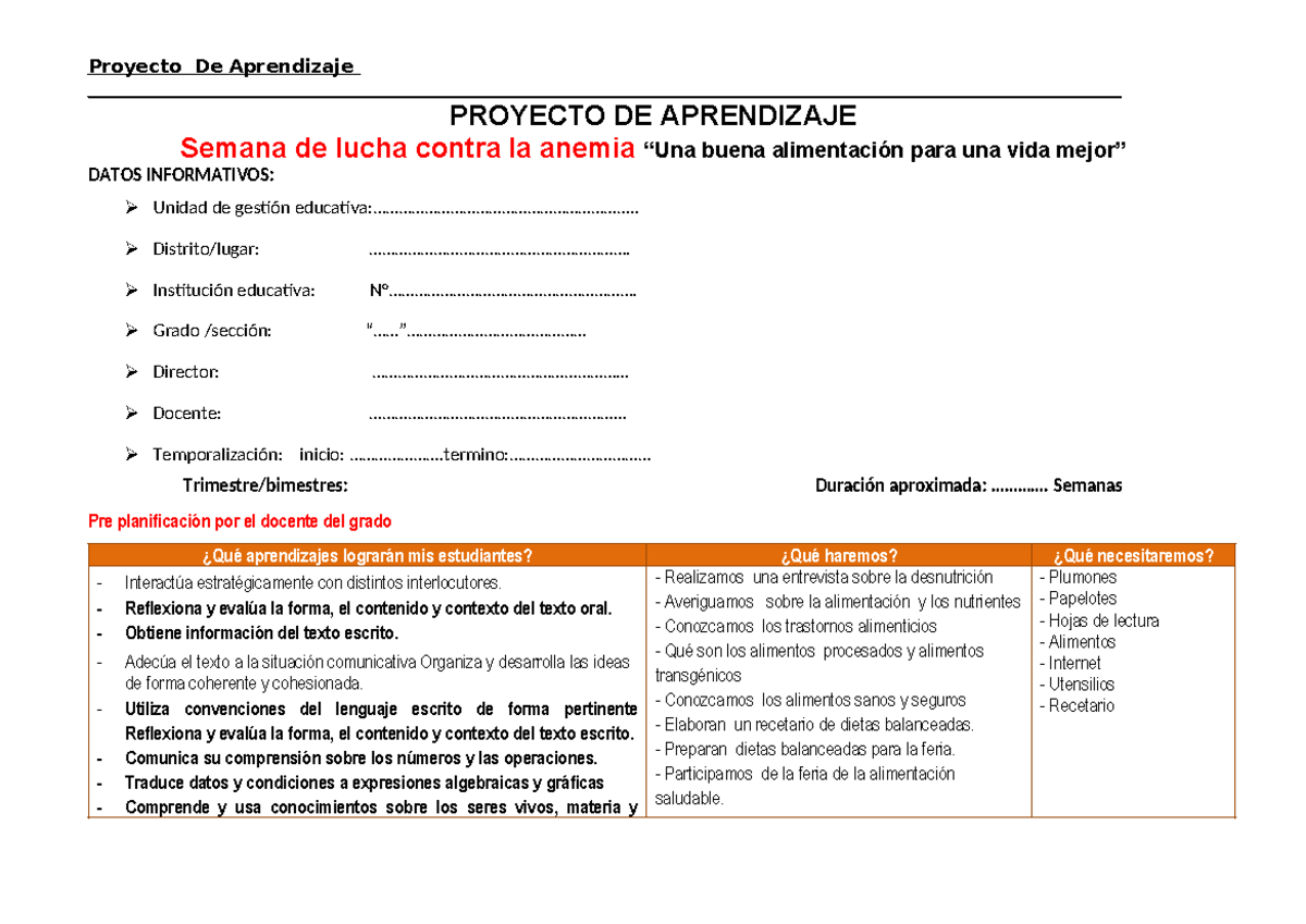 Proyecto de Aprendizaje: Lucha Contra la Anemia y Alimentación ...
