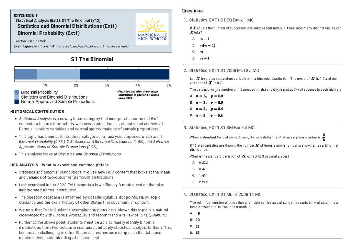 Statistics EXT1: Binomial Distributions & Probabilities Overview - Studocu