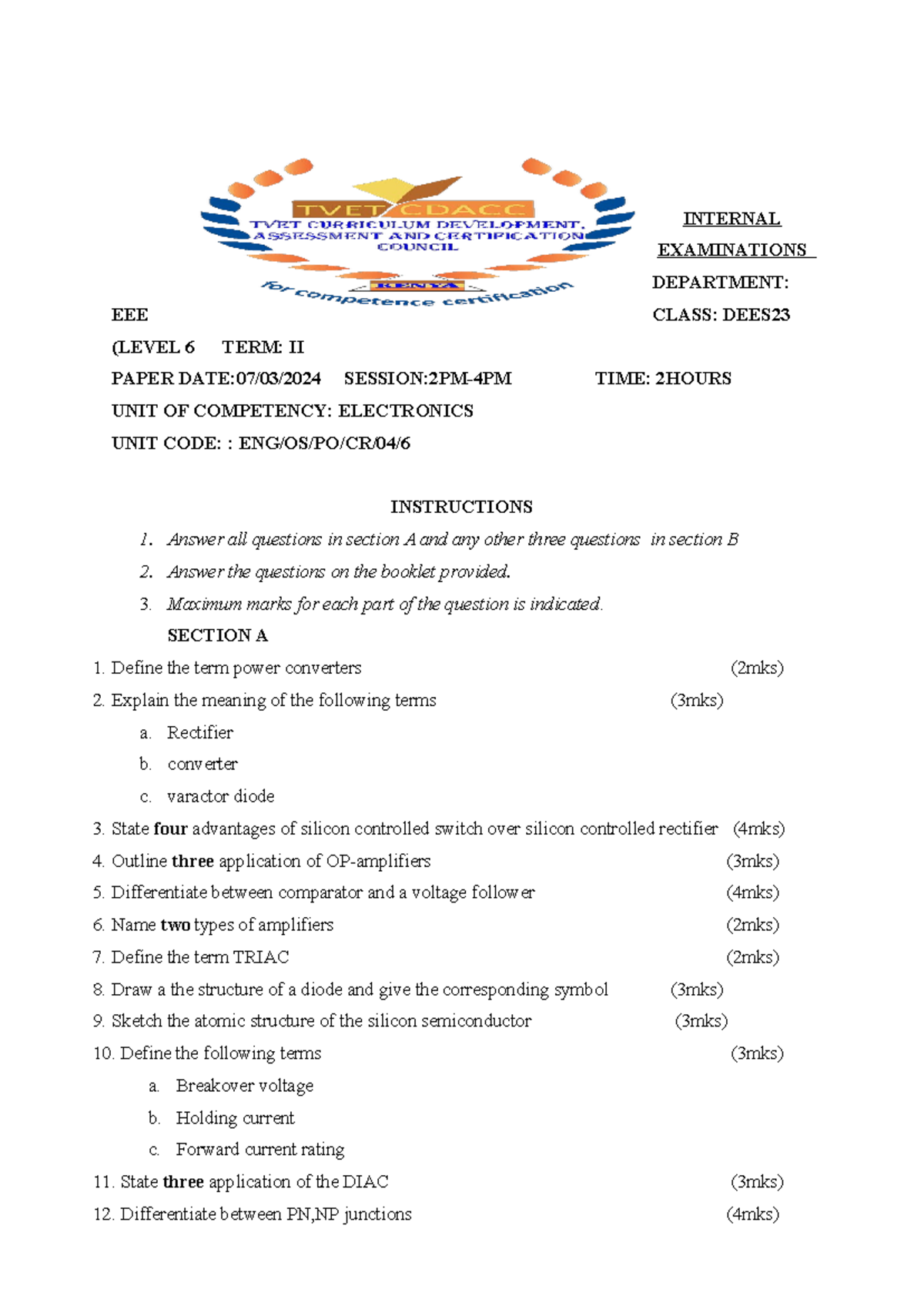 Electronics 2 - ELECTRONIC - INTERNAL EXAMINATIONS DEPARTMENT: EEE ...