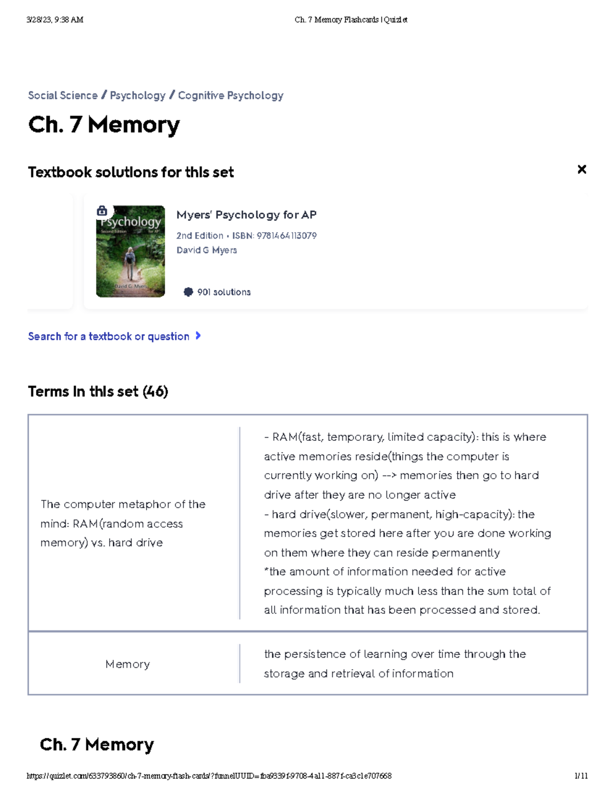 Ch. 7 Memory Study Notes for PSY 101: Key Concepts and Terms - Studocu