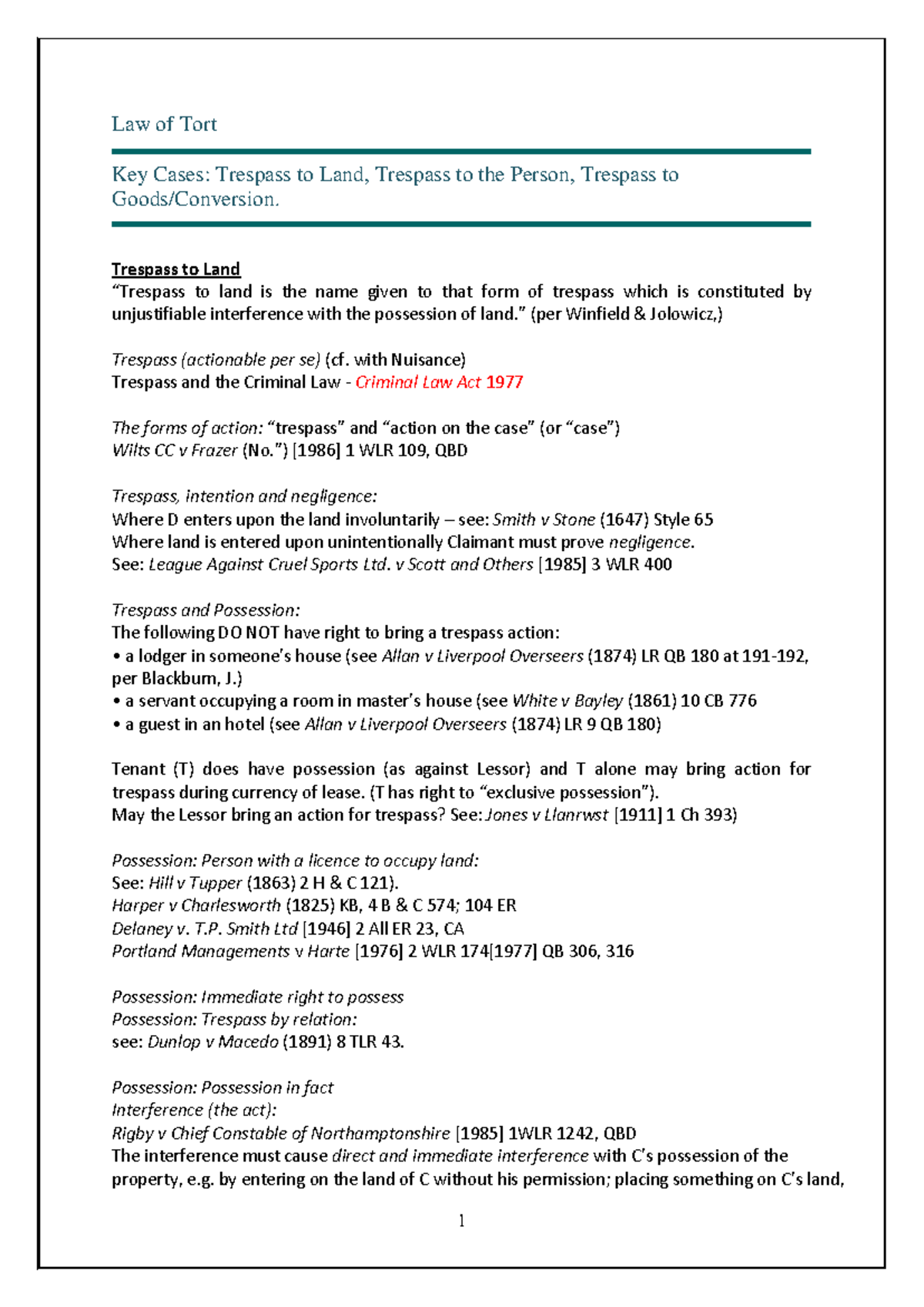 Key Cases on Trespass in Tort Law - Study Notes - Studocu