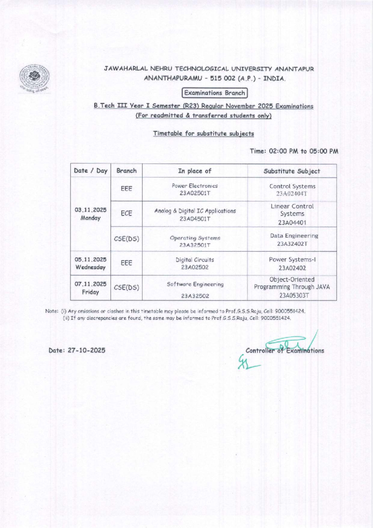 B.Tech Year I Semester (R23) Substitute Subjects Timetable - Studocu