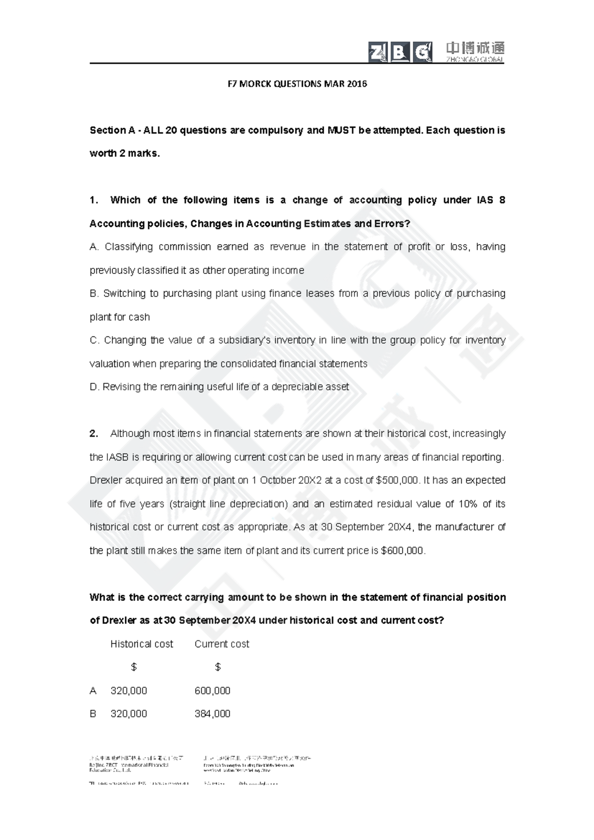 F7 Mock Questions for Practice - Financial Reporting & Analysis - Studocu
