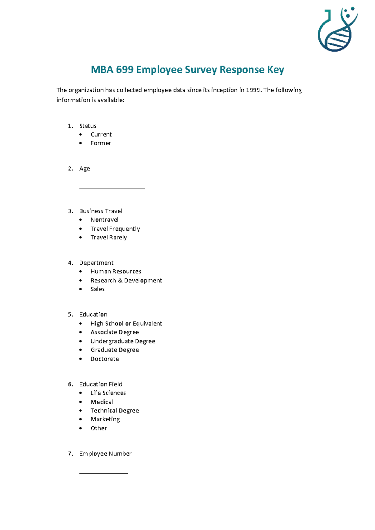 MBA 699 Module Two Survey Response Key - MBA 699 Employee Survey ...
