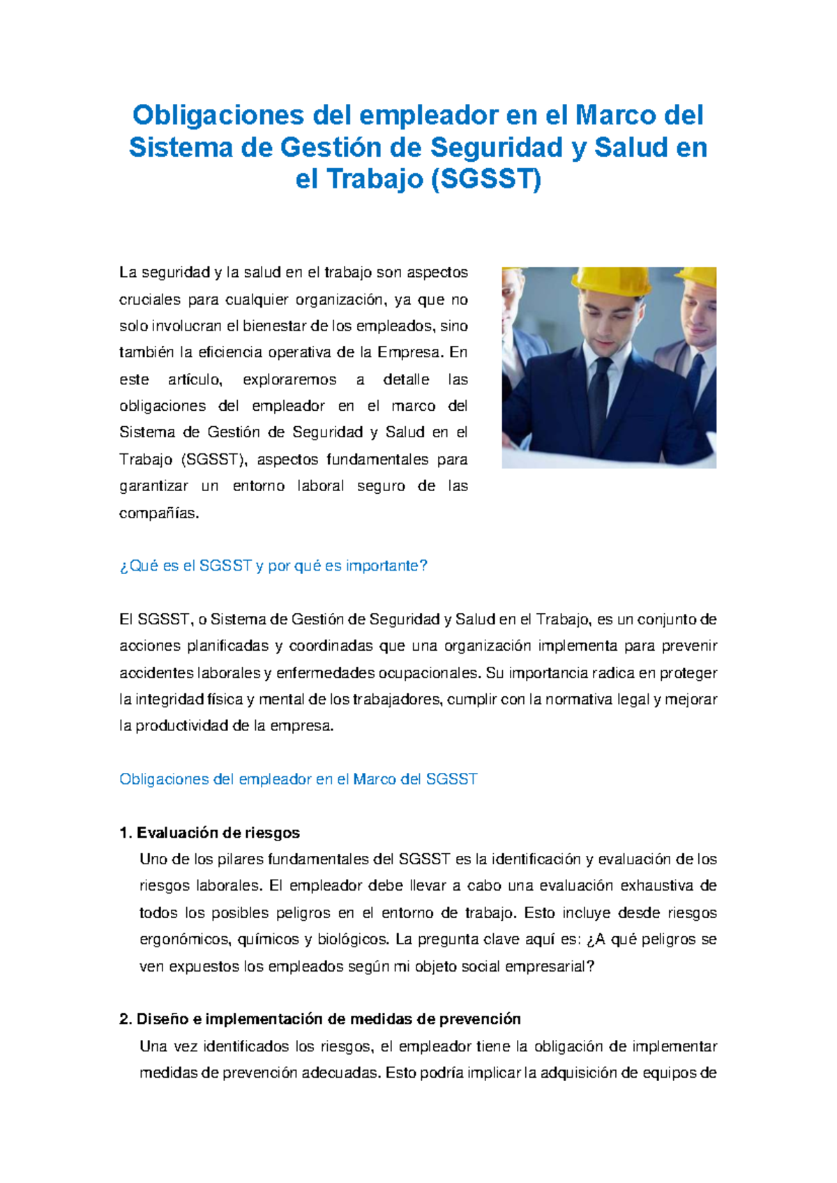 Obligaciones del Empleador en el SGSST: Seguridad y Salud Laboral - Studocu