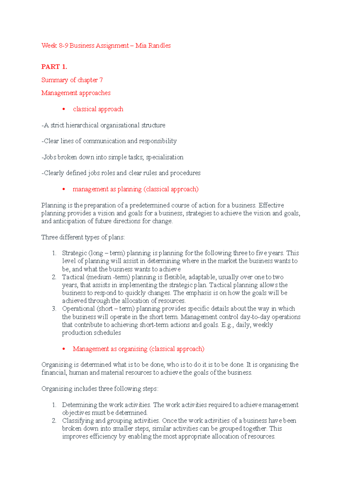 Week 8-9 Business Assignment: Management Approaches Overview - Studocu