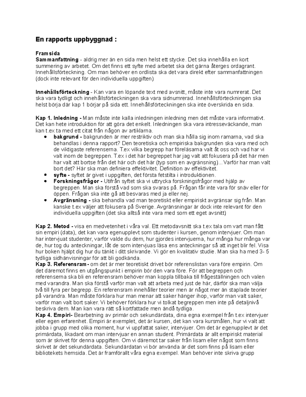 Rapports uppbyggnad - Struktur och riktlinjer för skrivande - Studocu