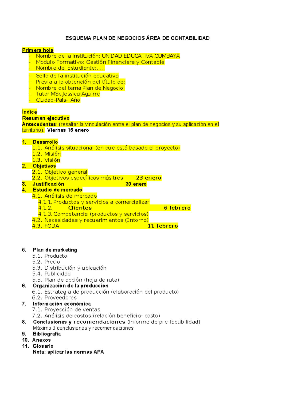 ESQUEMA PLAN DE NEGOCIOS EN CONTABILIDAD - EJEMPLO - Studocu