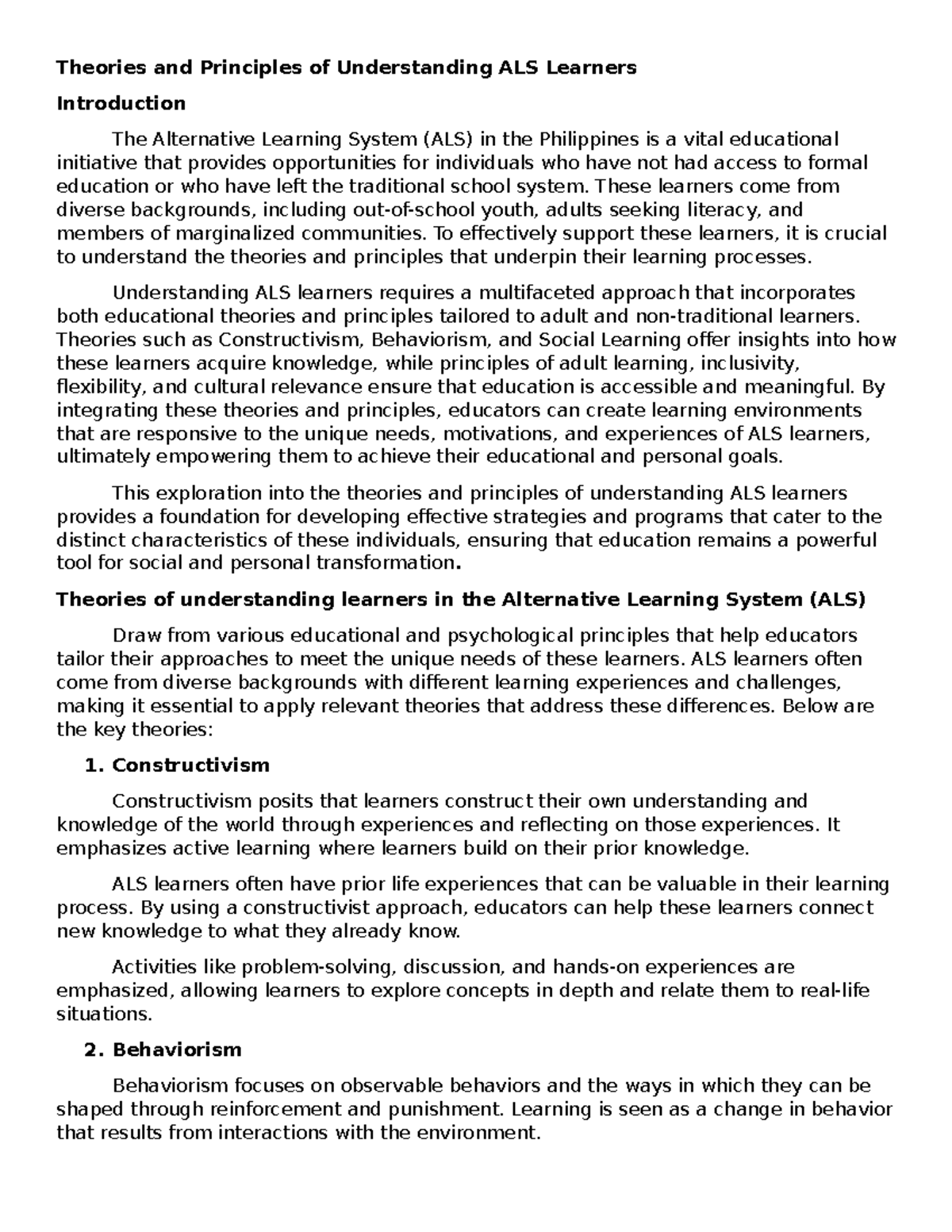 Understanding Theories & Principles for ALS Learners (ALS 101) - Studocu