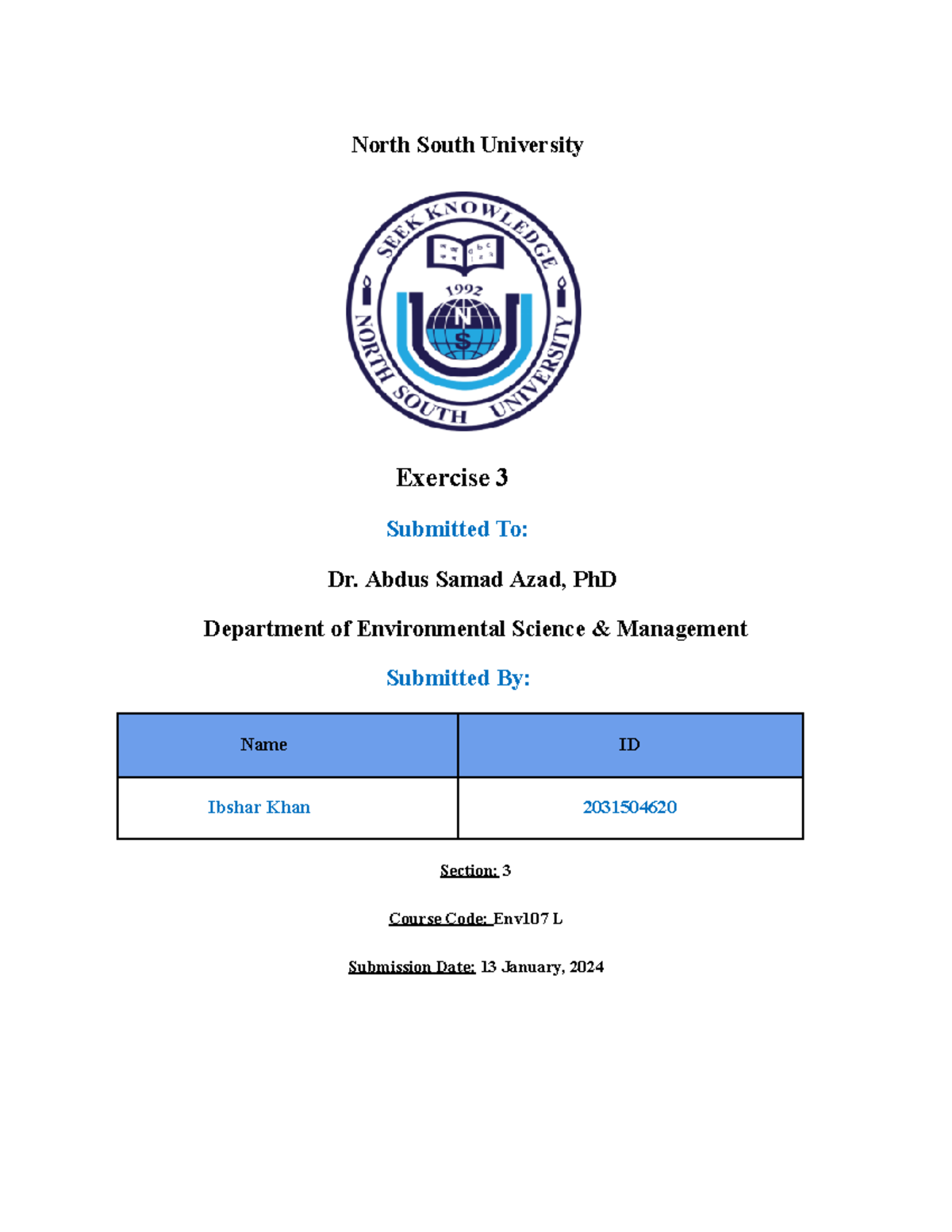Lab report submission - North South University Exercise 3 Submitted To ...
