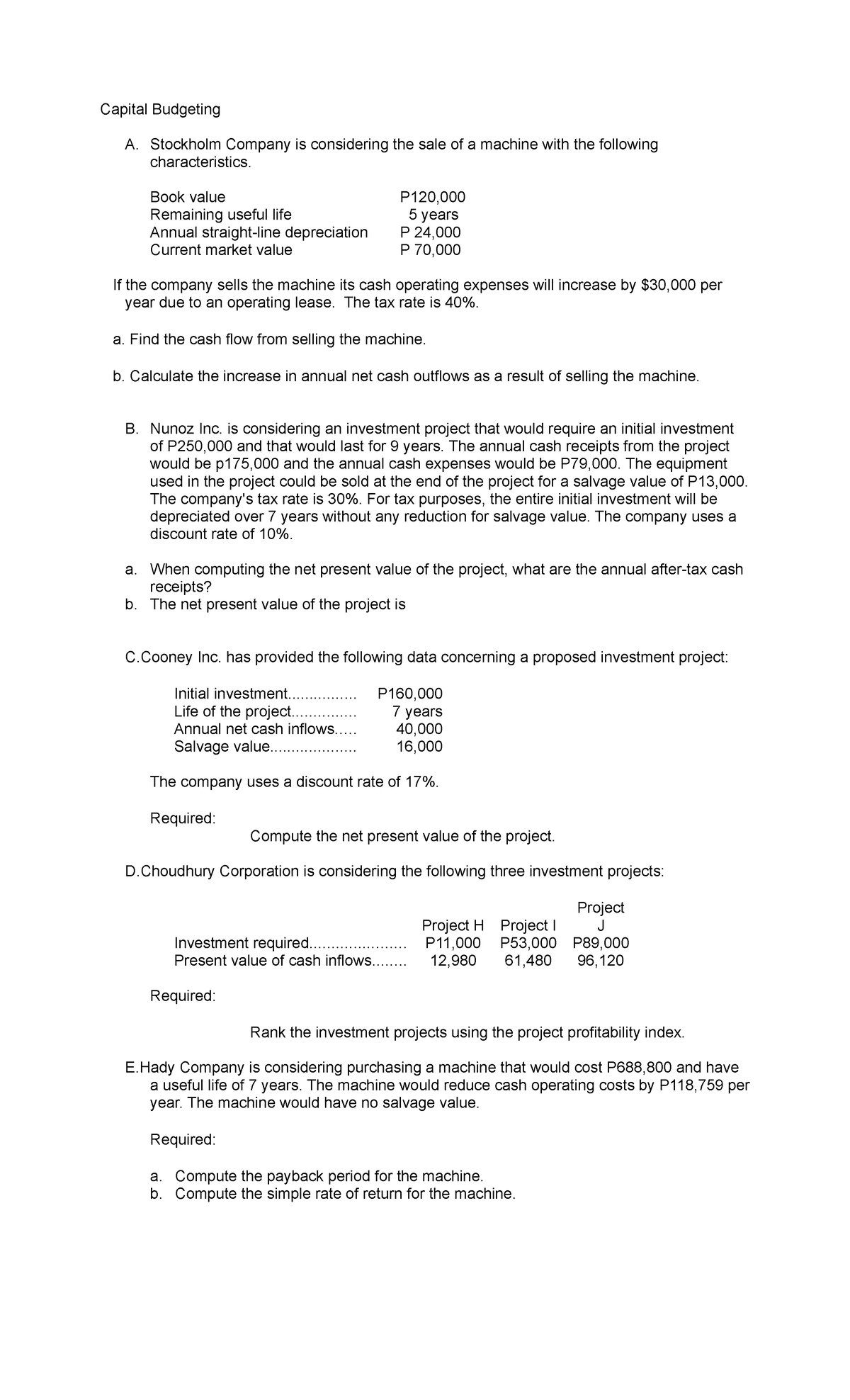 Capital Budgeting Analysis: Problems, Solutions, and Calculations - Studocu