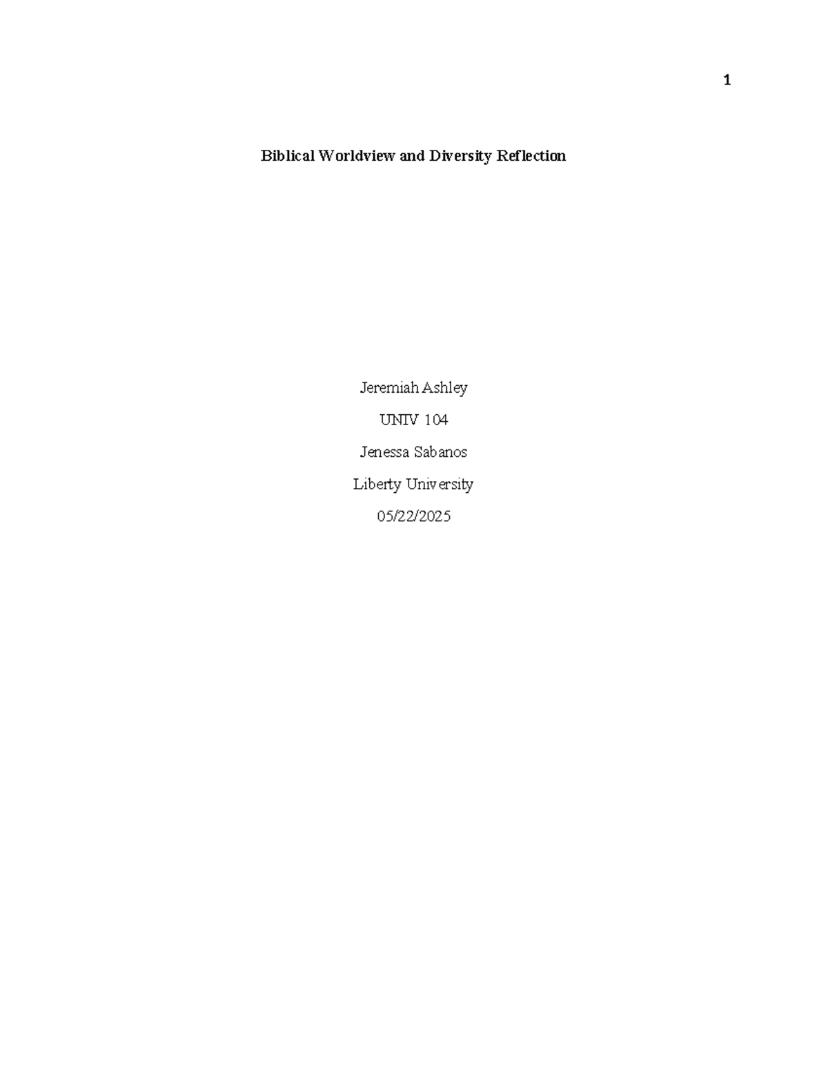 UNIV 104 Final Essay: Biblical Worldview & Diversity Reflection - Studocu