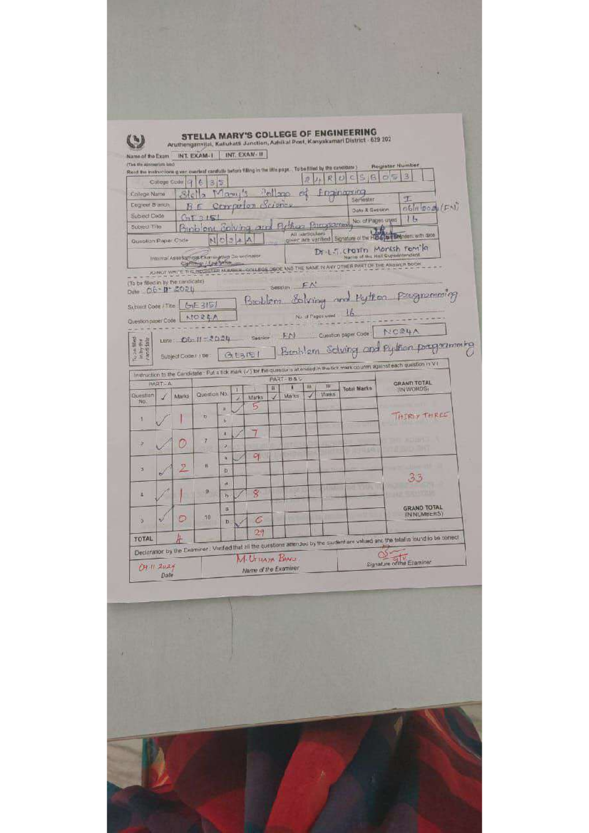INT. EXAM. I GT3151 Problem Solving and Python Programming - Average ...