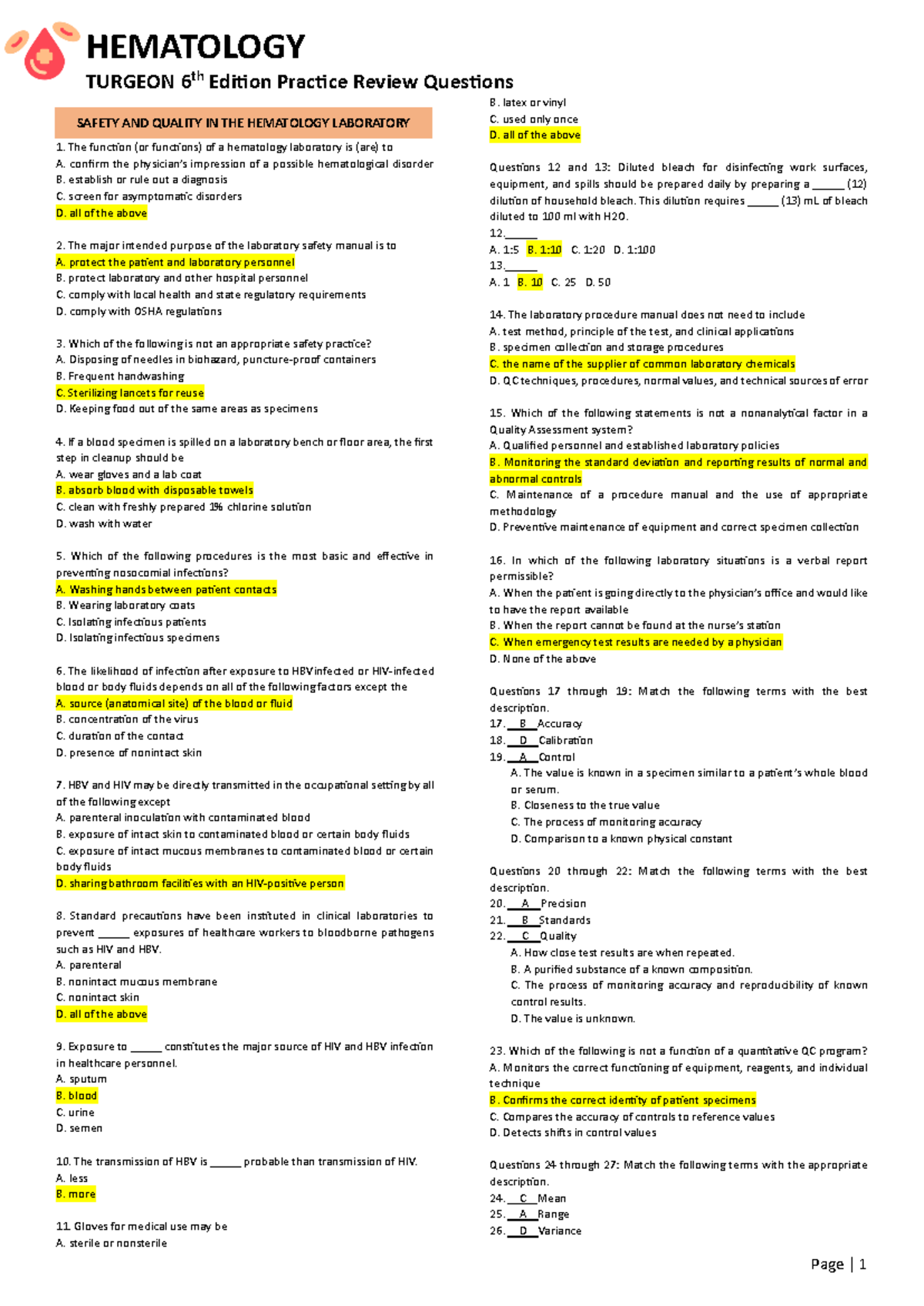 TURGEON 6th Edition Hematology Review Questions & Answers - Document Preview