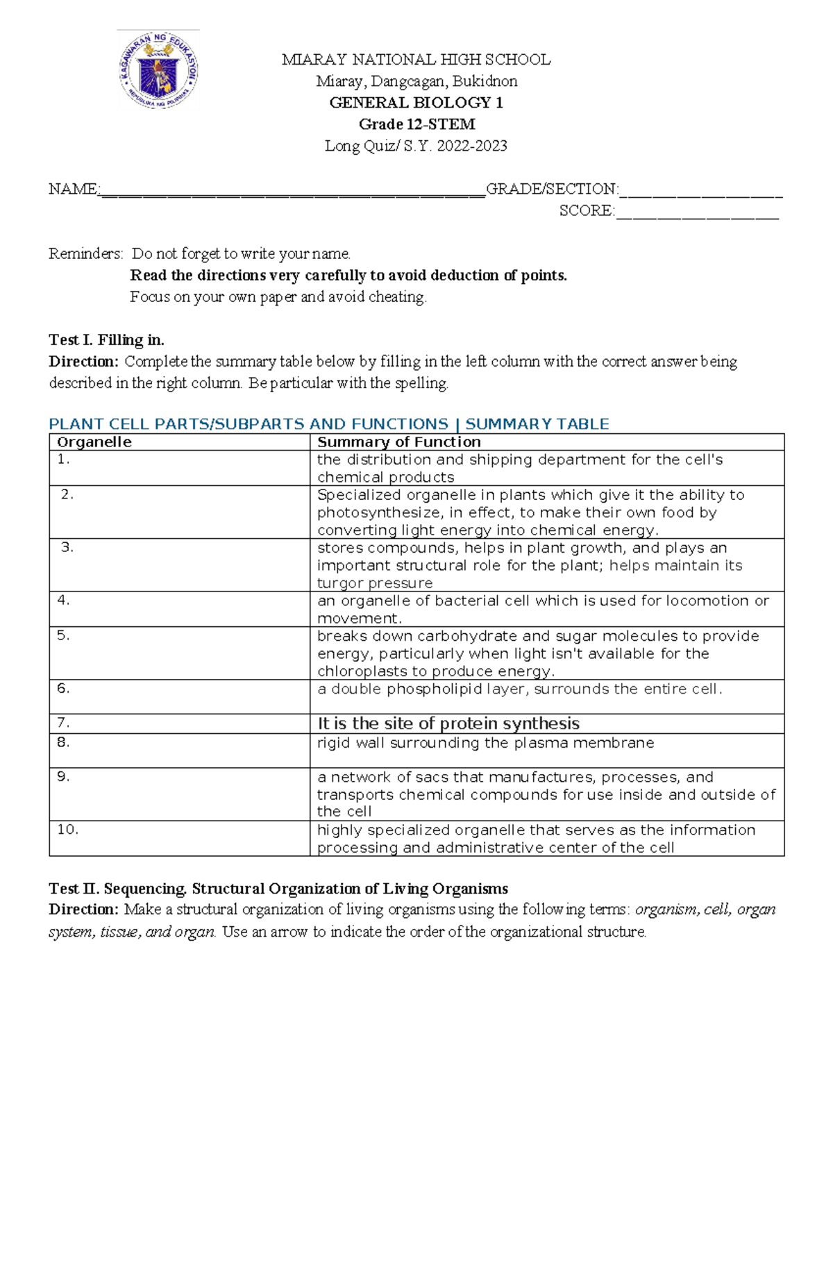 GEN BIO 1 Long Quiz: Plant & Bacterial Cell Functions - Studocu