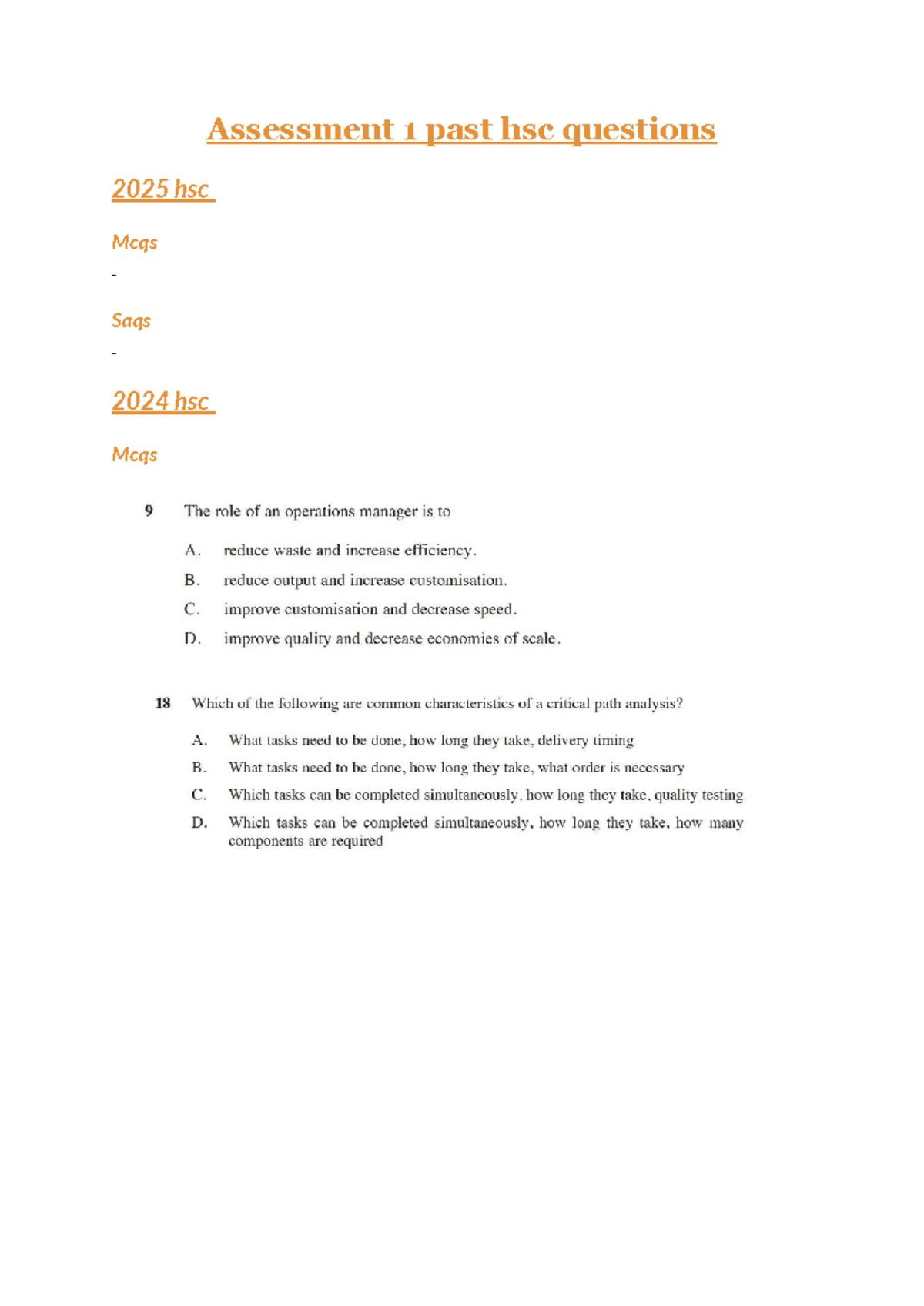 Past hsc qs - operations past hsc qs - Assessment 1 past hsc questions ...