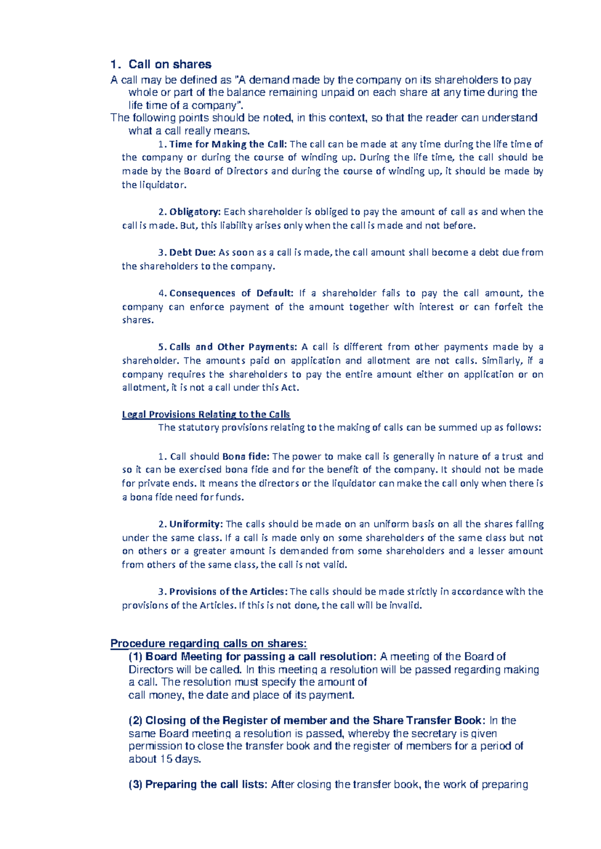 Procedure and Legal Provisions for Calls on Shares in Company Law - Studocu