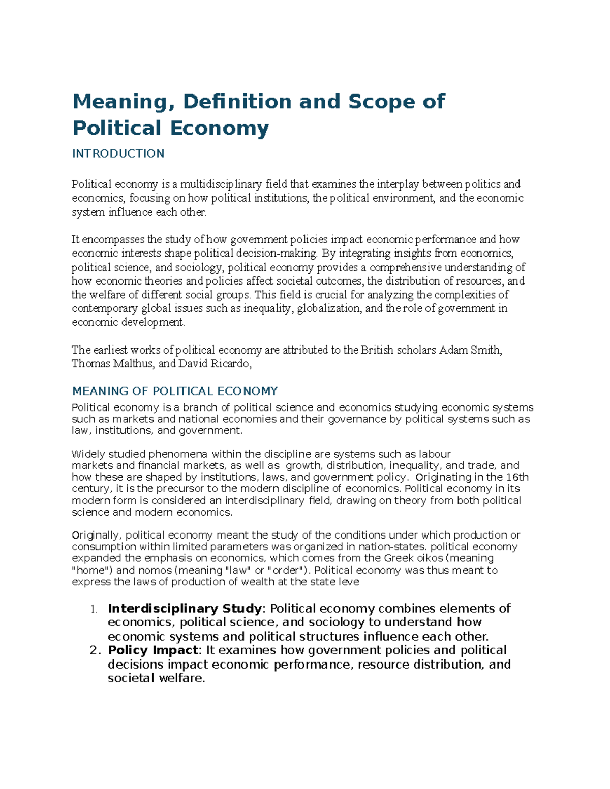 Political Economy: Definition, Meaning, and Scope Analysis - Studocu