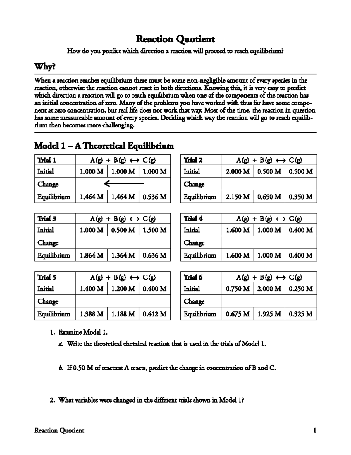 Reaction Quotient Predictions - Pogil Student Version - Studocu