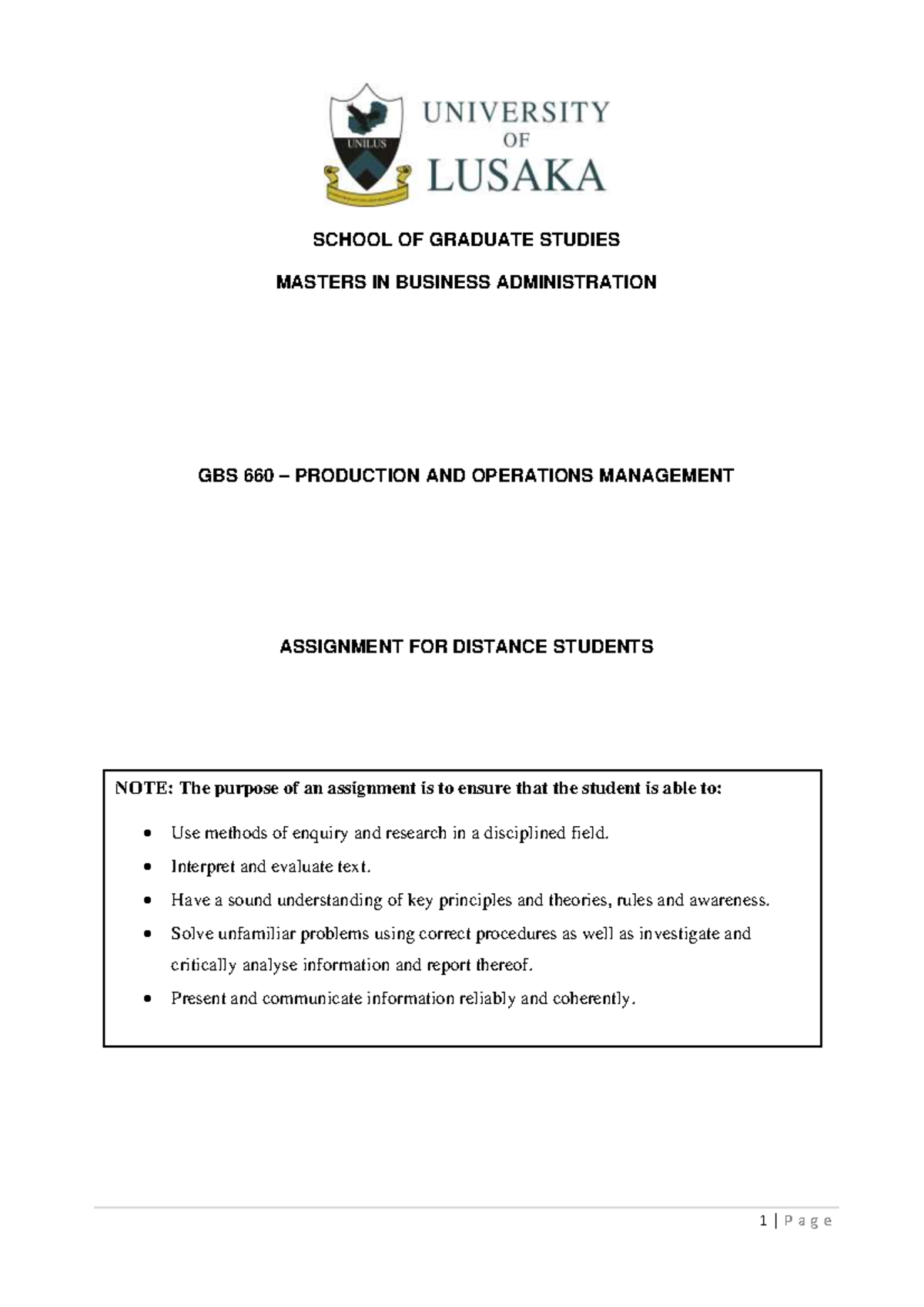 GBS 660 Distance Assignment: Production & Ops Management - July 2023 ...