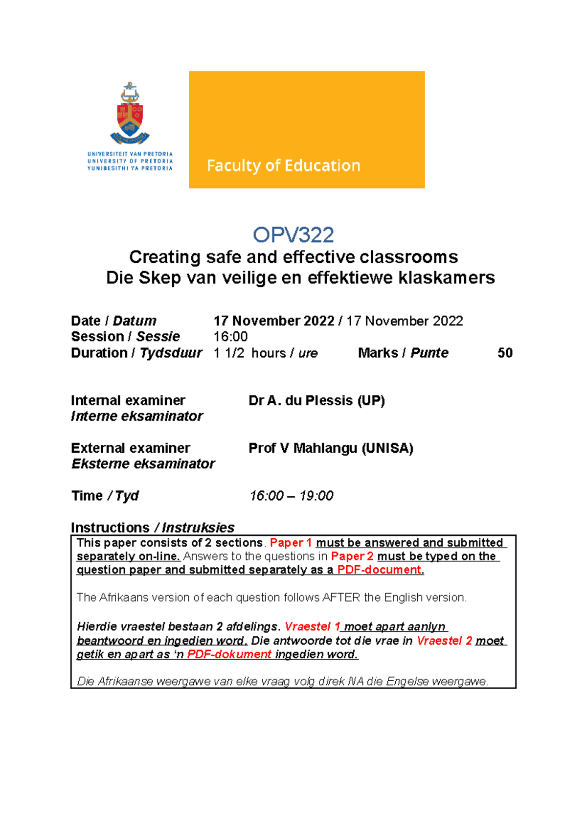 OPV 322 November 2022 Exam Paper 2: Safe Classrooms & Educator ...