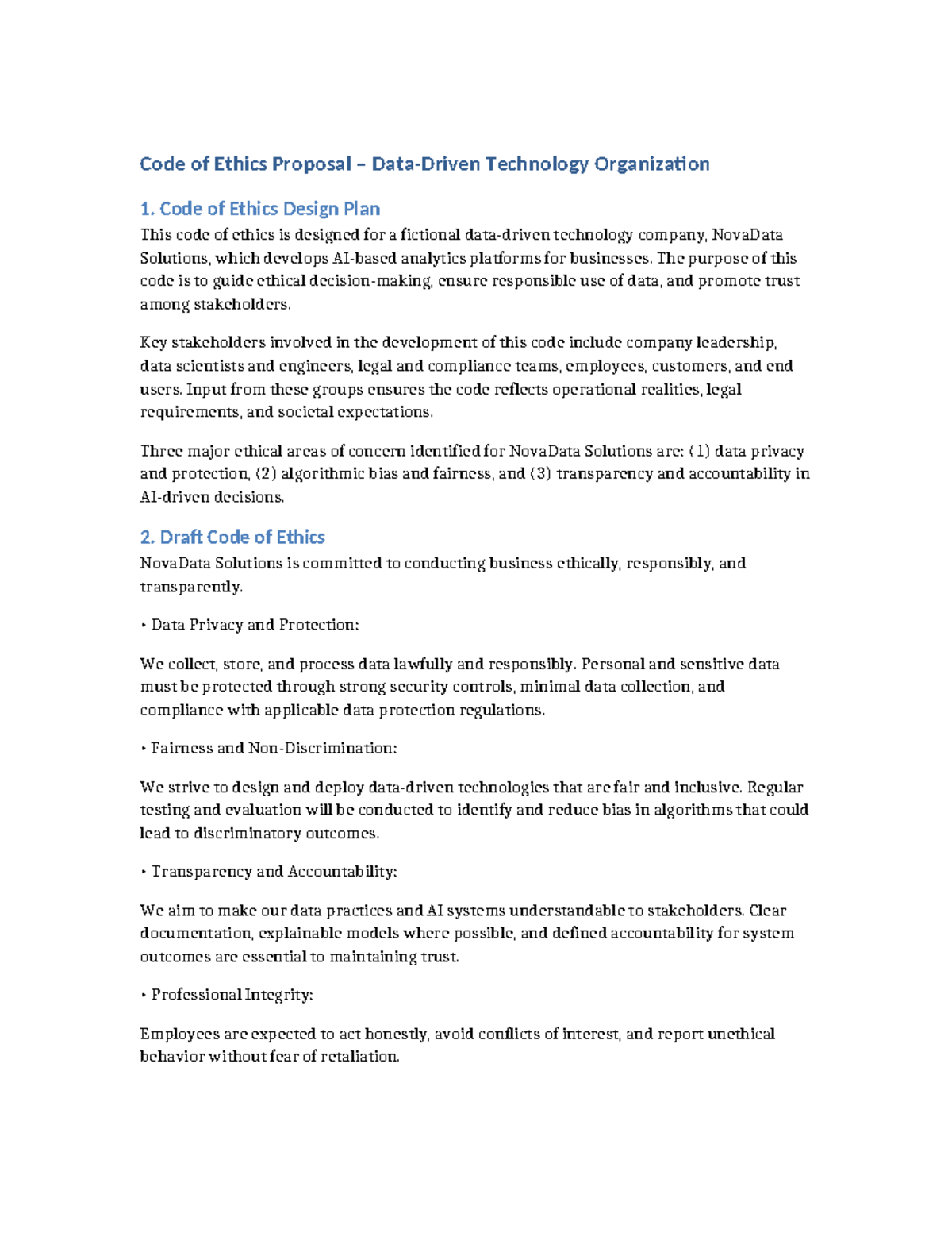 Code of Ethics Proposal for NovaData Solutions: A Design Plan - Studocu