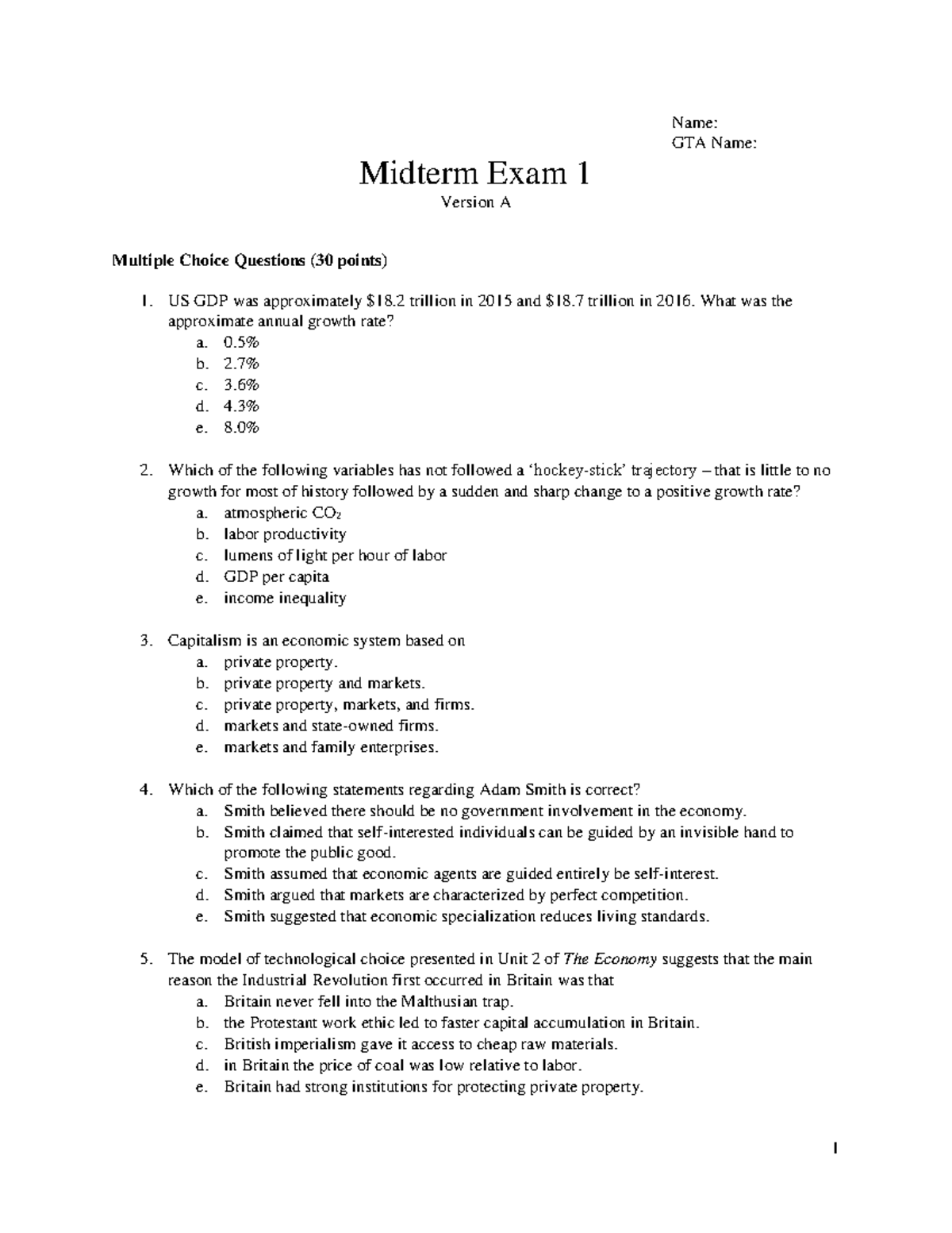 Midterm Exam 1 (Version A) - Economic Concepts & Strategic Interactions ...