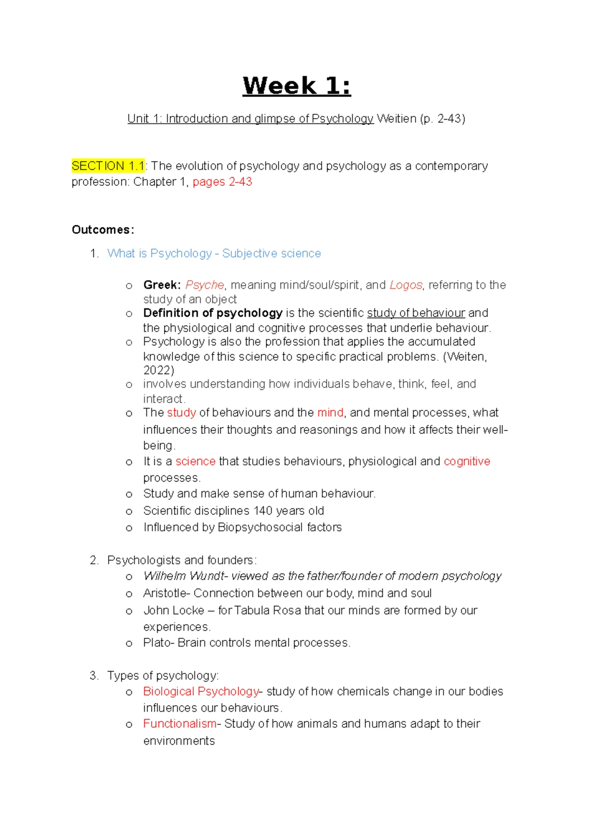 Psych 111 -SU1 Notes - Psychology Notes – (SU1-7) Study unit 1: A brief ...