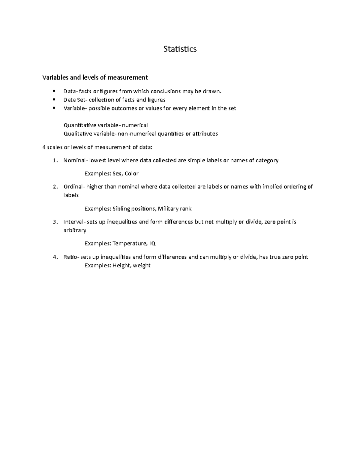 Statistics (STAT101): Variables & Levels of Measurement Explained - Studocu