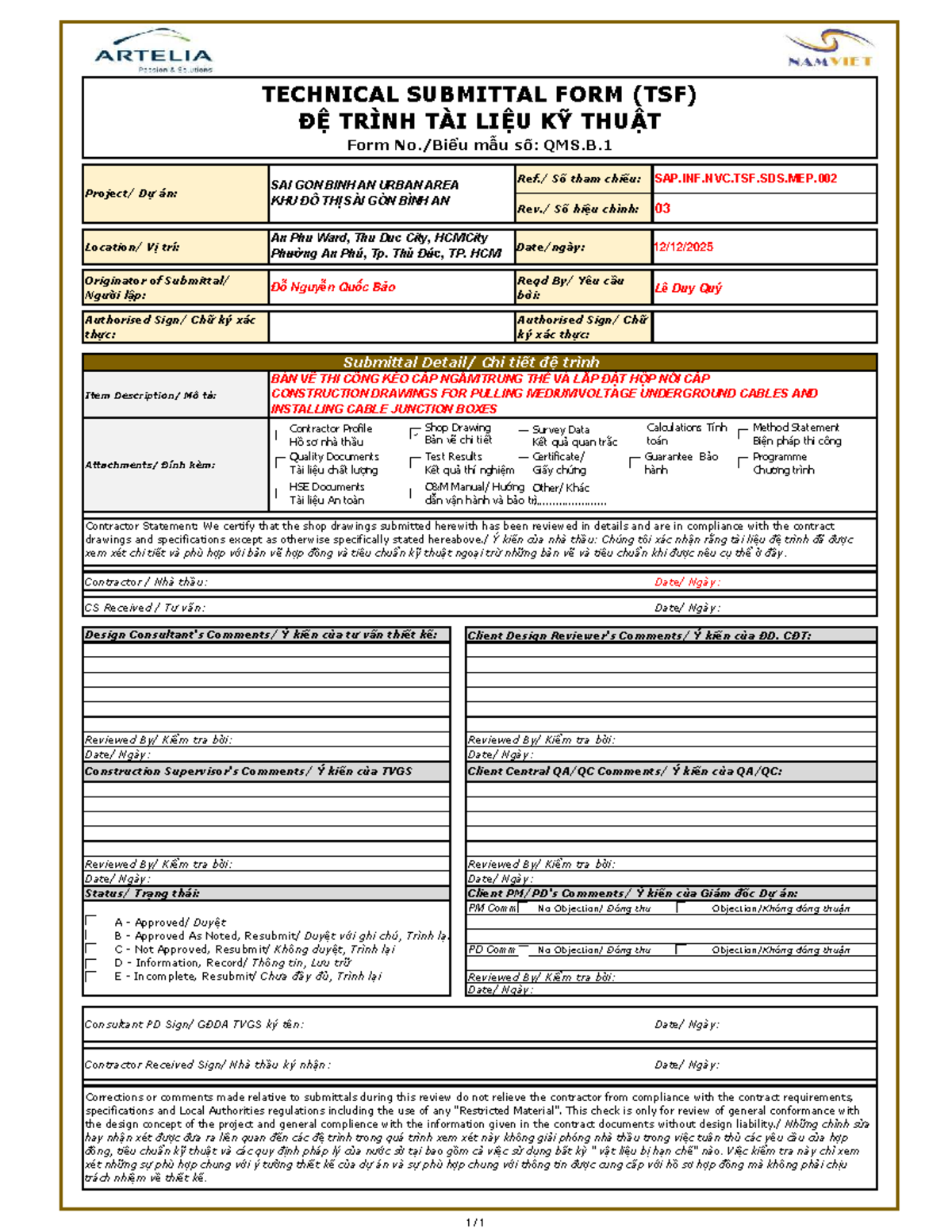 TECHNICAL SUBMITTAL FORM (TSF) FOR SAI GON BINH AN PROJECT - Studocu