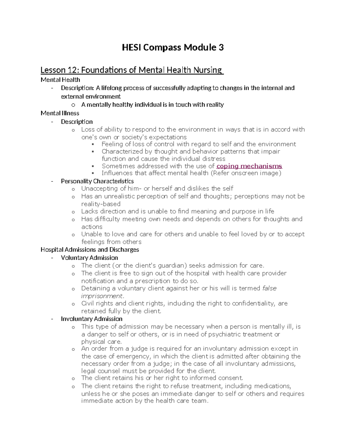 HESI Compass Mod 3: Foundations of Mental Health Nursing Overview - Studocu