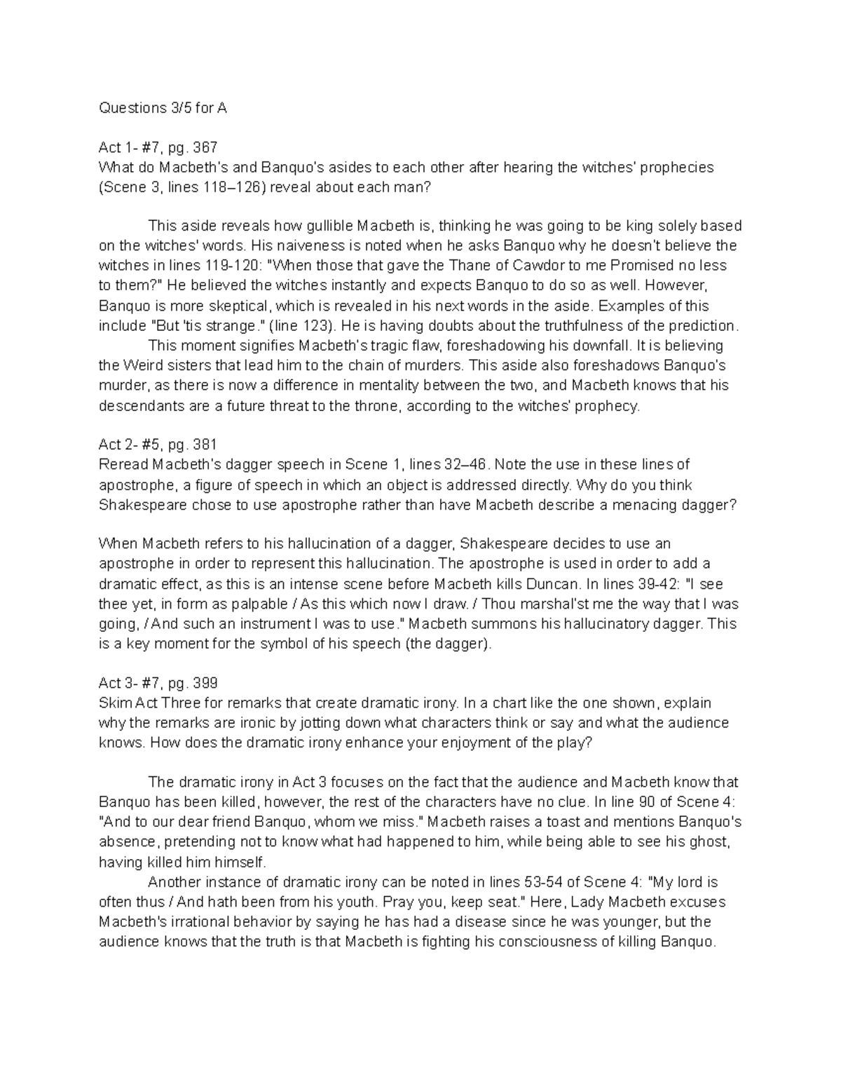 Mabeth Analysis questions - Questions 3/5 for A Act 1- #7, pg. 367 What ...