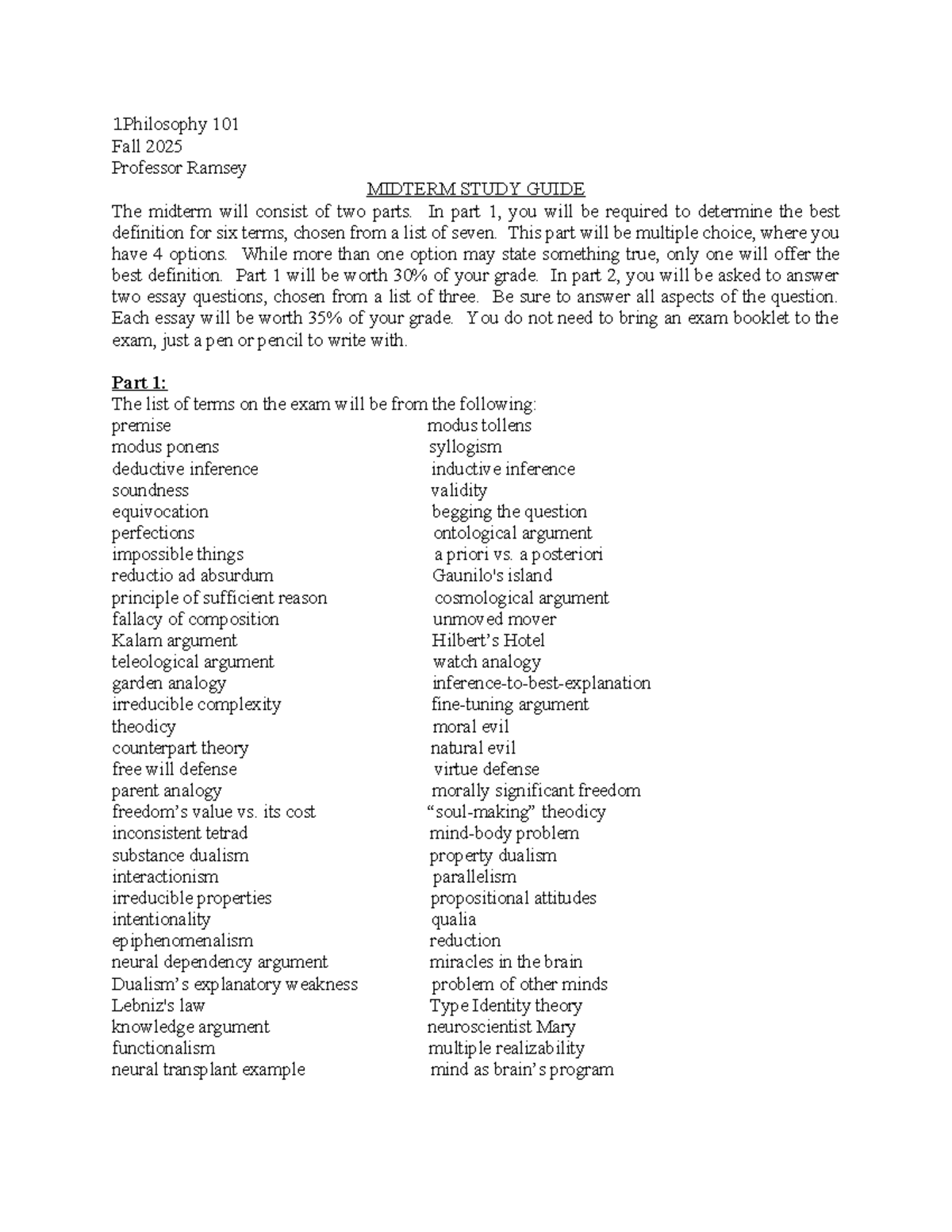 Philosophy 101 Fall 2025 Midterm Study Guide - Studocu