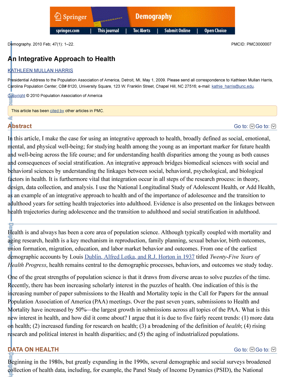 Integrative Approach to Health: Insights from Add Health Study (2010 ...