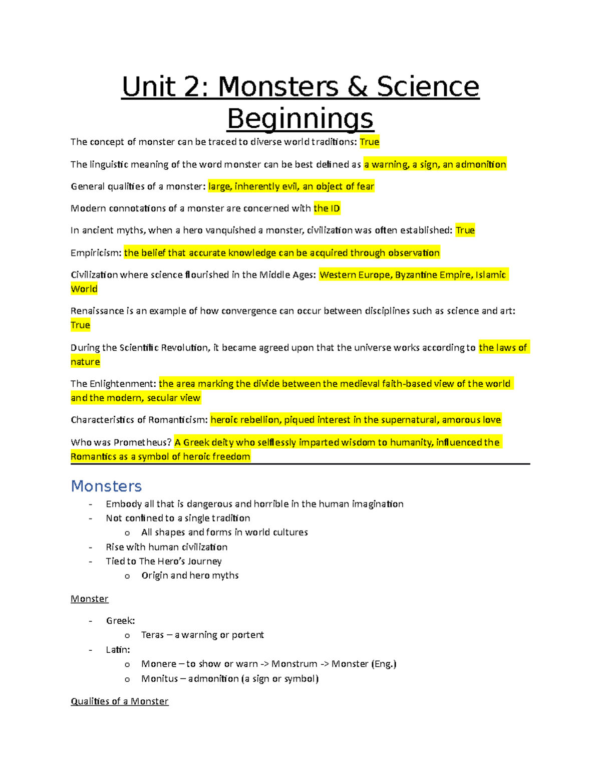 Unit 2 - Monsters & Science: Themes in Mythology and Human Nature - Studocu