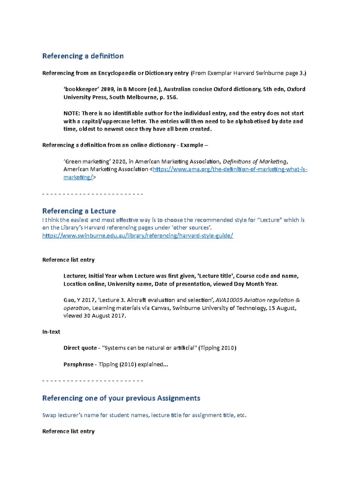 Referencing Definitions Lectures and Assignments for MKT10007 ...