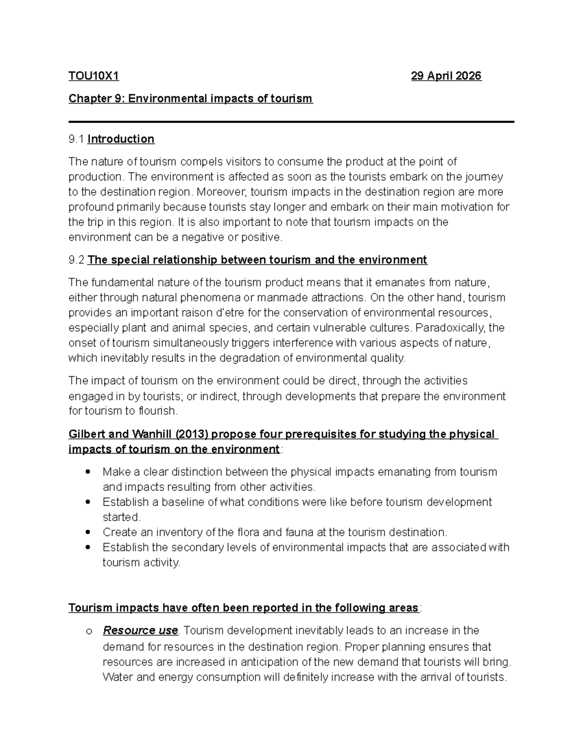 TOU10X1 29 April 2026 Chapter 9: Environmental Impacts of Tourism - Studocu