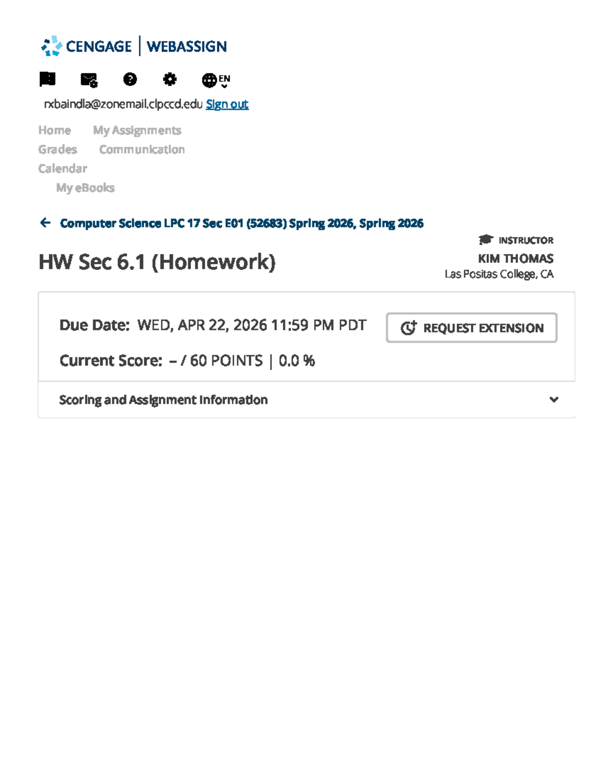 HW Sec 6.1 - Computer Science LPC 17 Sec E01 (52683) Spring 2026 - Studocu