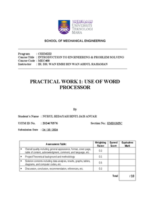 Lab Report 1: MEC400 - Introduction to Engineering & Problem Solving ...