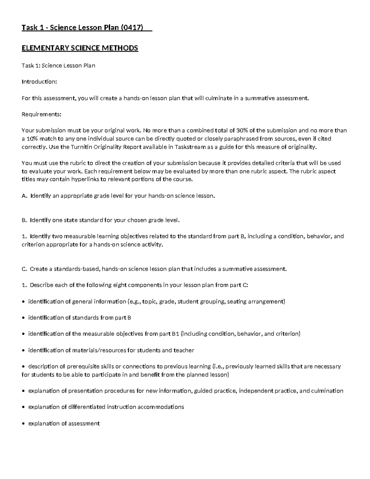 Task 1: Science Lesson Plan (0417) for Elementary Methods - Studocu