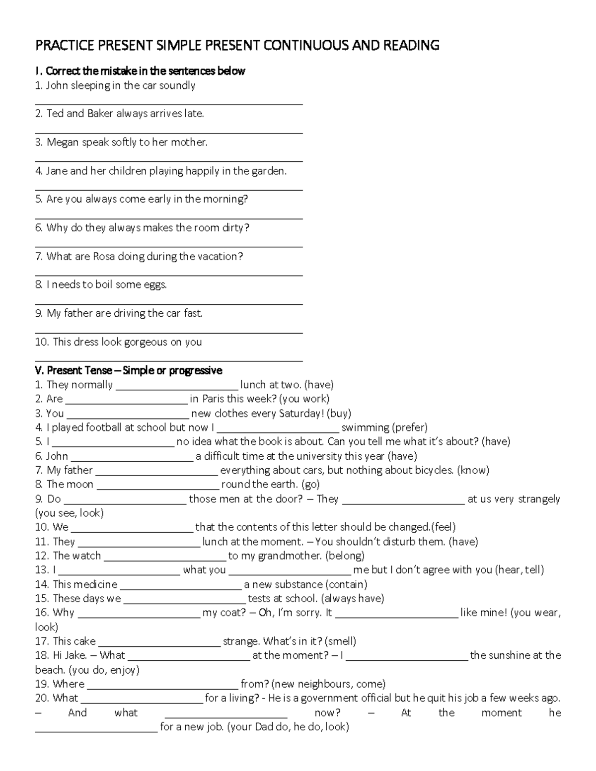 Practice Present Simple & Continuous: Exercises & Reading I - Studocu