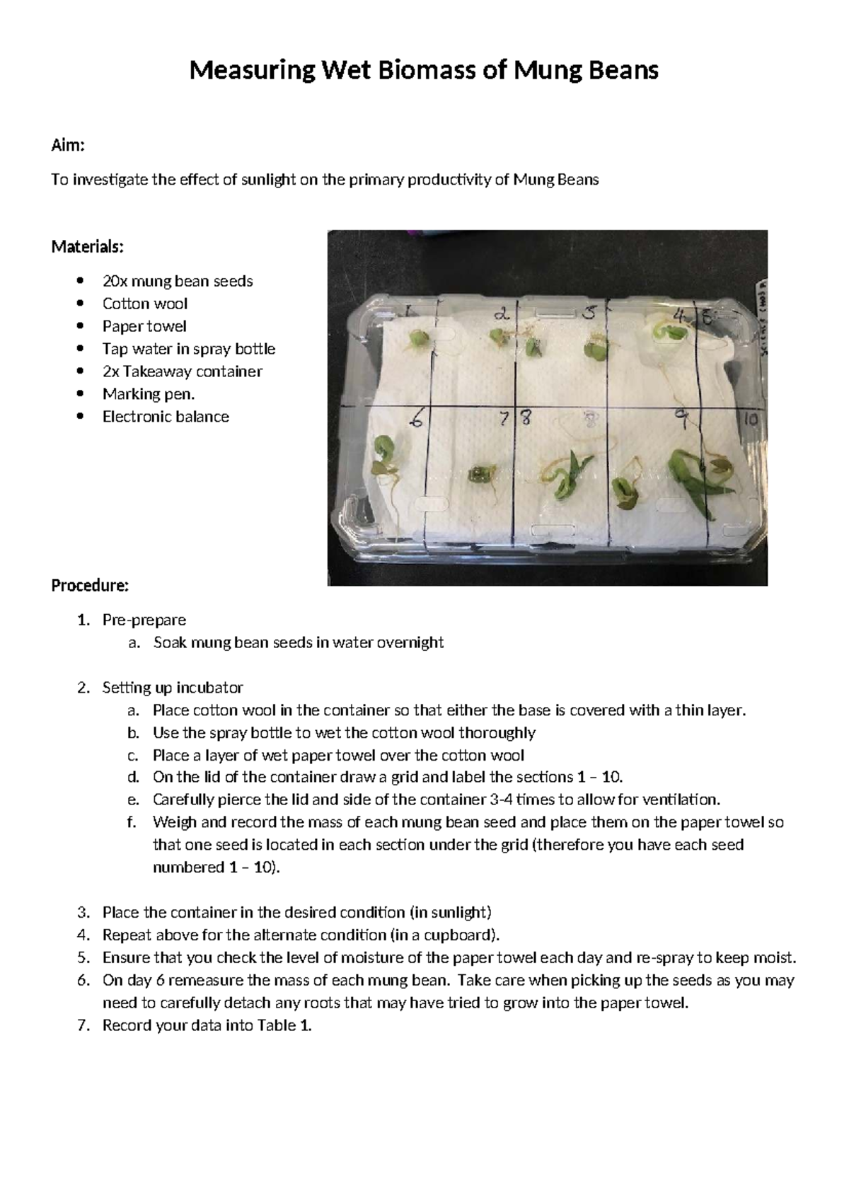 U3T2 - Measuring Wet Biomass of Mung Beans Experiment - Studocu