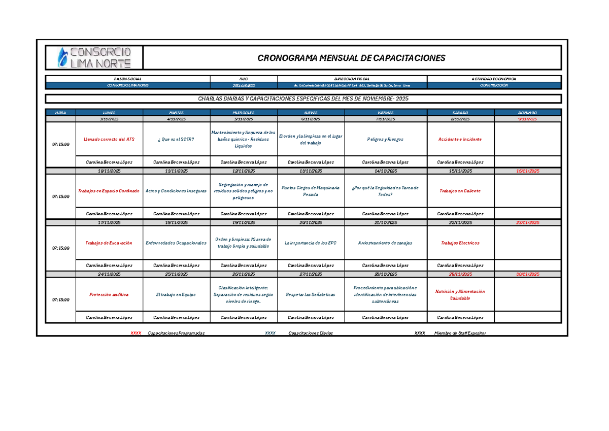 CRONOGRAMA MENSUAL DE CAPACITACIONES 2025 - SEGURIDAD Y SALUD - Studocu