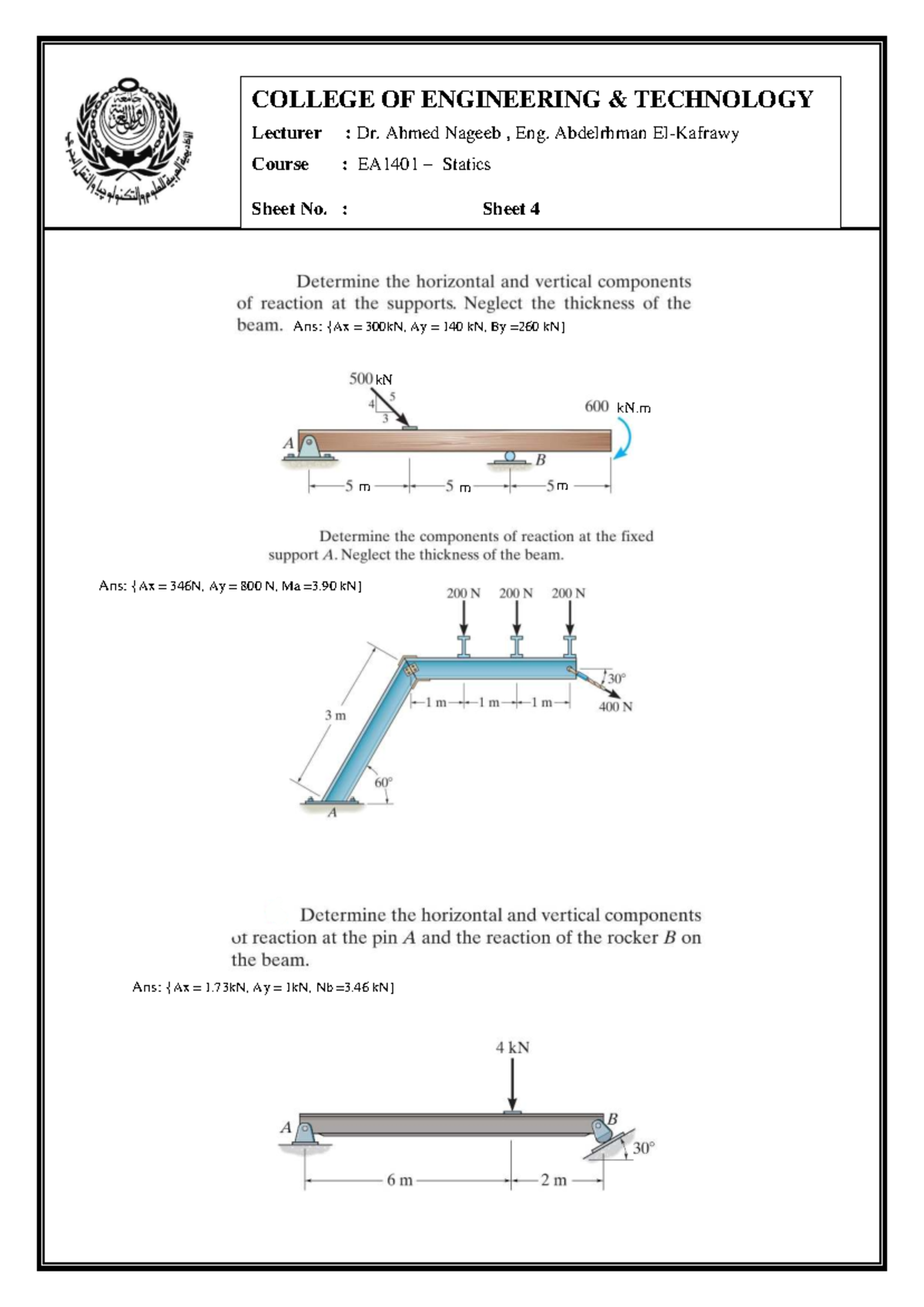 Statics-sheet 4 - statics - engineering mechanics statics - COLLEGE OF ...