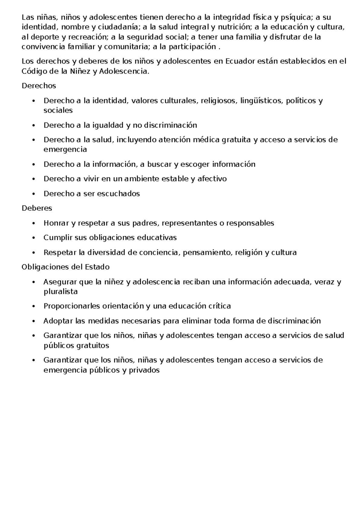 Derechos de Niñez y Adolescencia en Ecuador - Código de la Niñez - Studocu