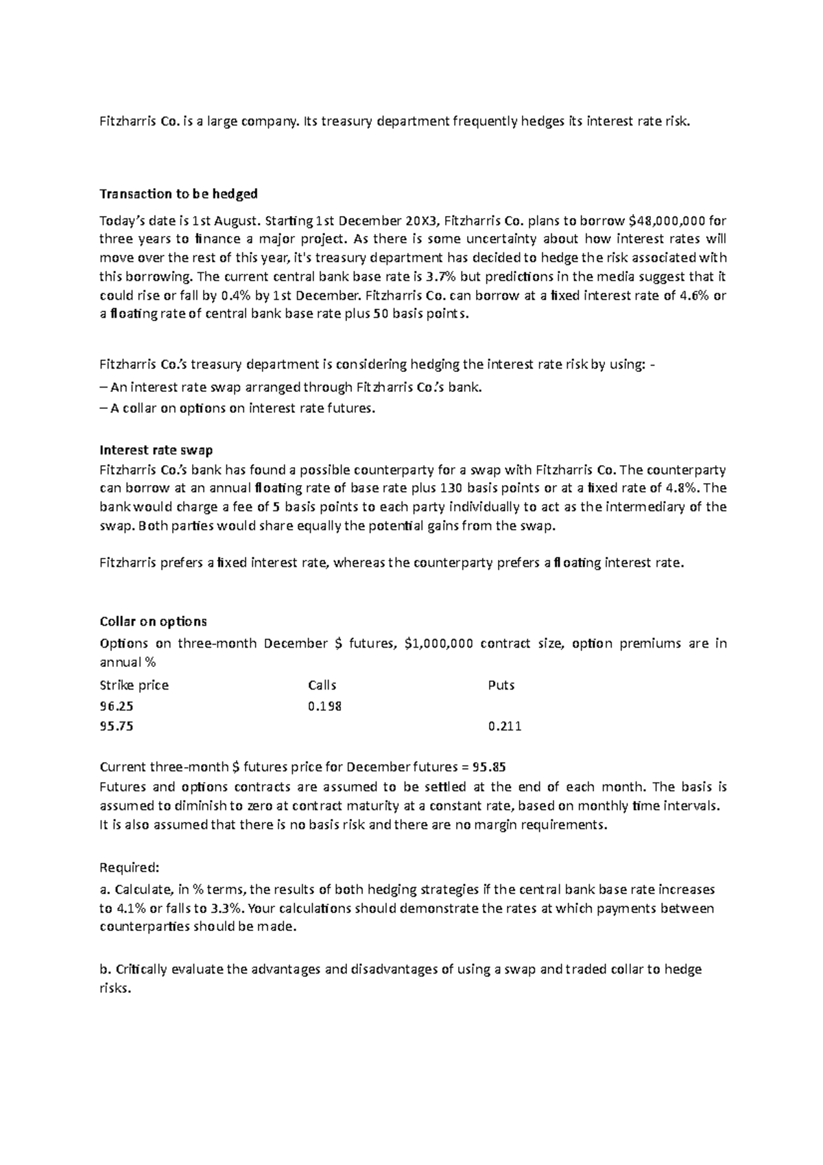 Fitzharris Co. Interest Rate Risk Hedging Strategies Analysis - Studocu