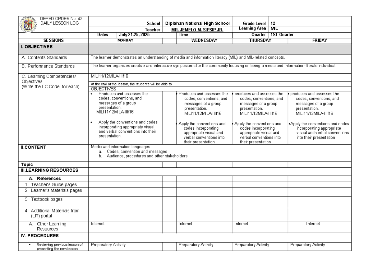 DLL MIL 12 Week 6 Lesson Plan: Media & Information Literacy - Document Preview