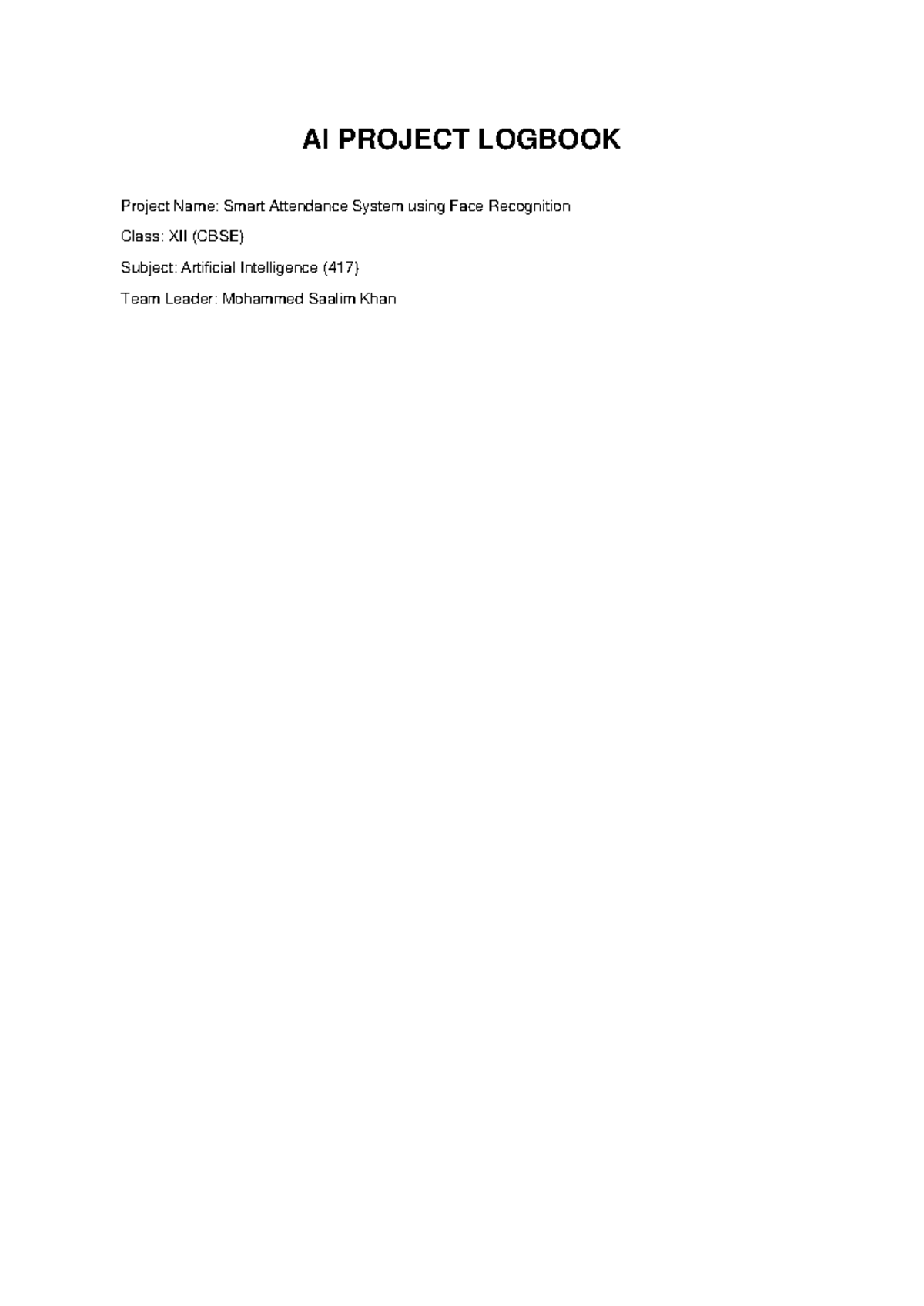 CBSE XII AI Project Logbook: Smart Attendance System Using Face ...