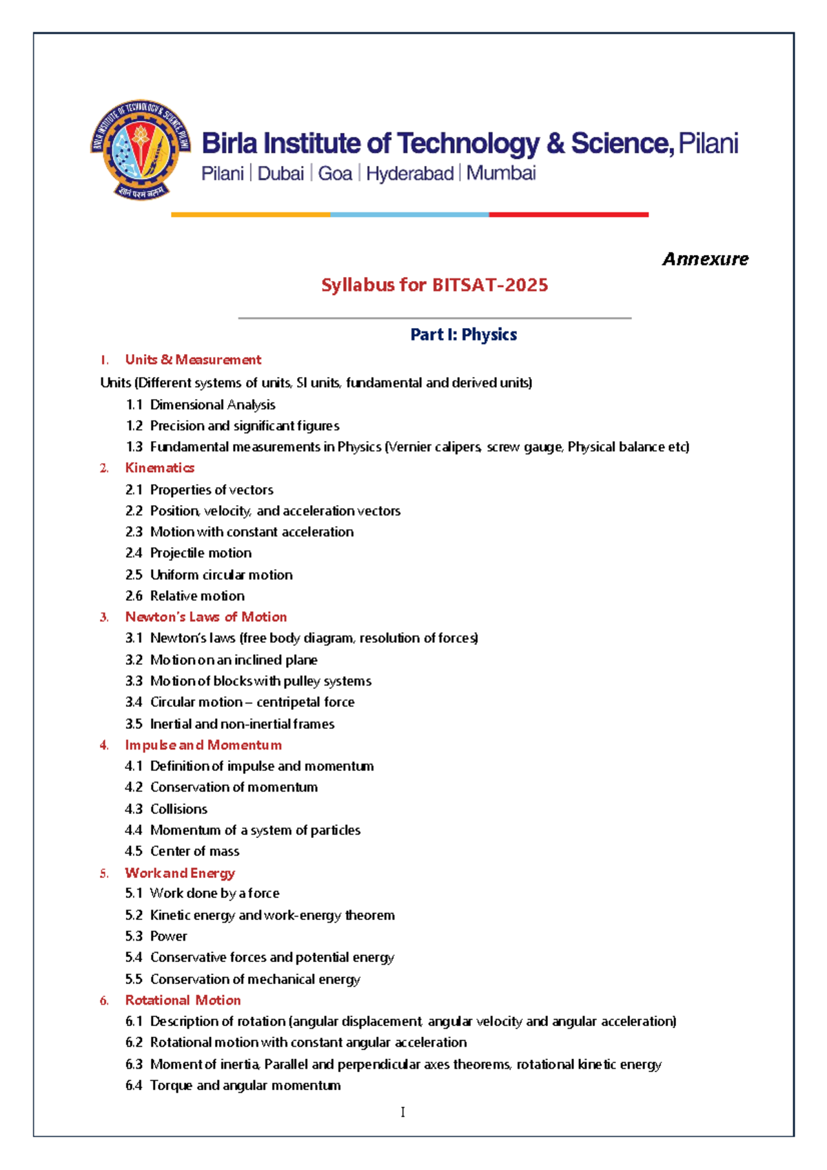 BITSAT 2025 Syllabus Overview: Physics, Chemistry, Math & Biology - Studocu